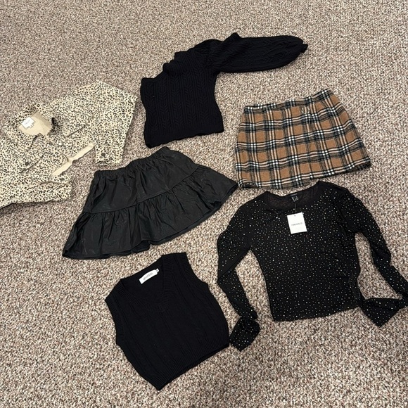 Dresses & Skirts - BUNDLE 2 Skirts, 2 sweaters, 1 sparkle top and cropped jacket